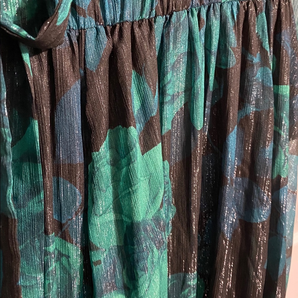 Festive Enfocus petite floral green & silver sparkle sheer lined dress size 14P - Picture 9 of 14